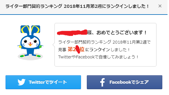 ライター部門契約ランキング　ランクイン