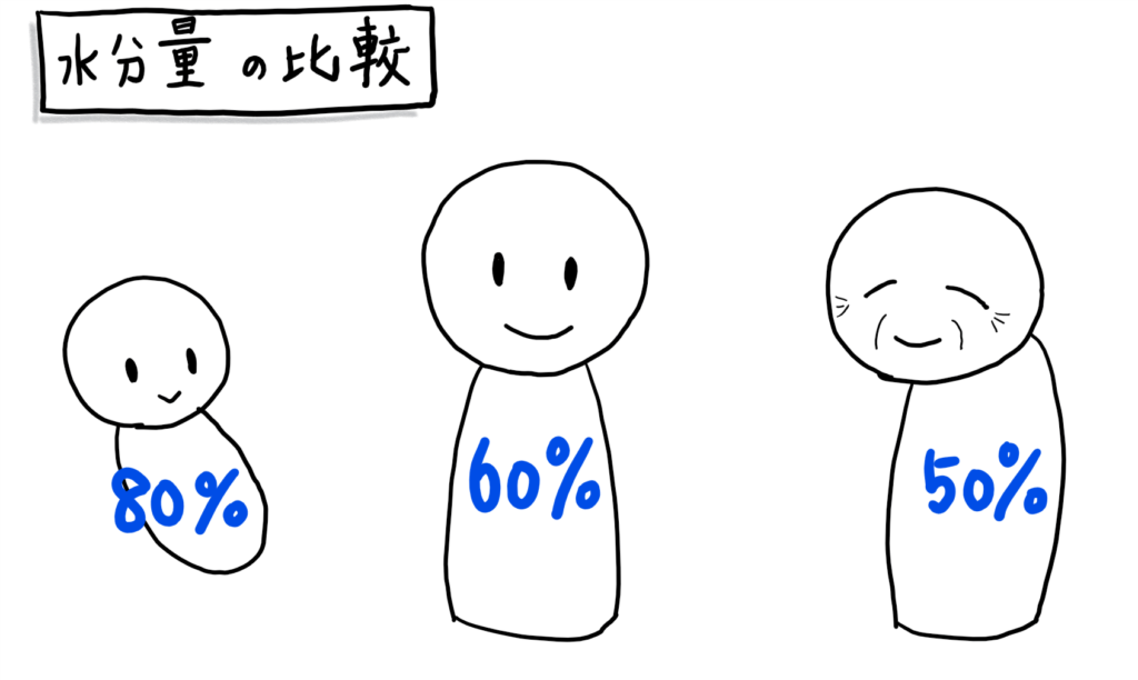 身体の水分量　赤ちゃん％　大人60％　老人50％