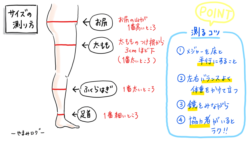 お尻　太もも　ふくらはぎ　足首のサイズ計測　イラスト